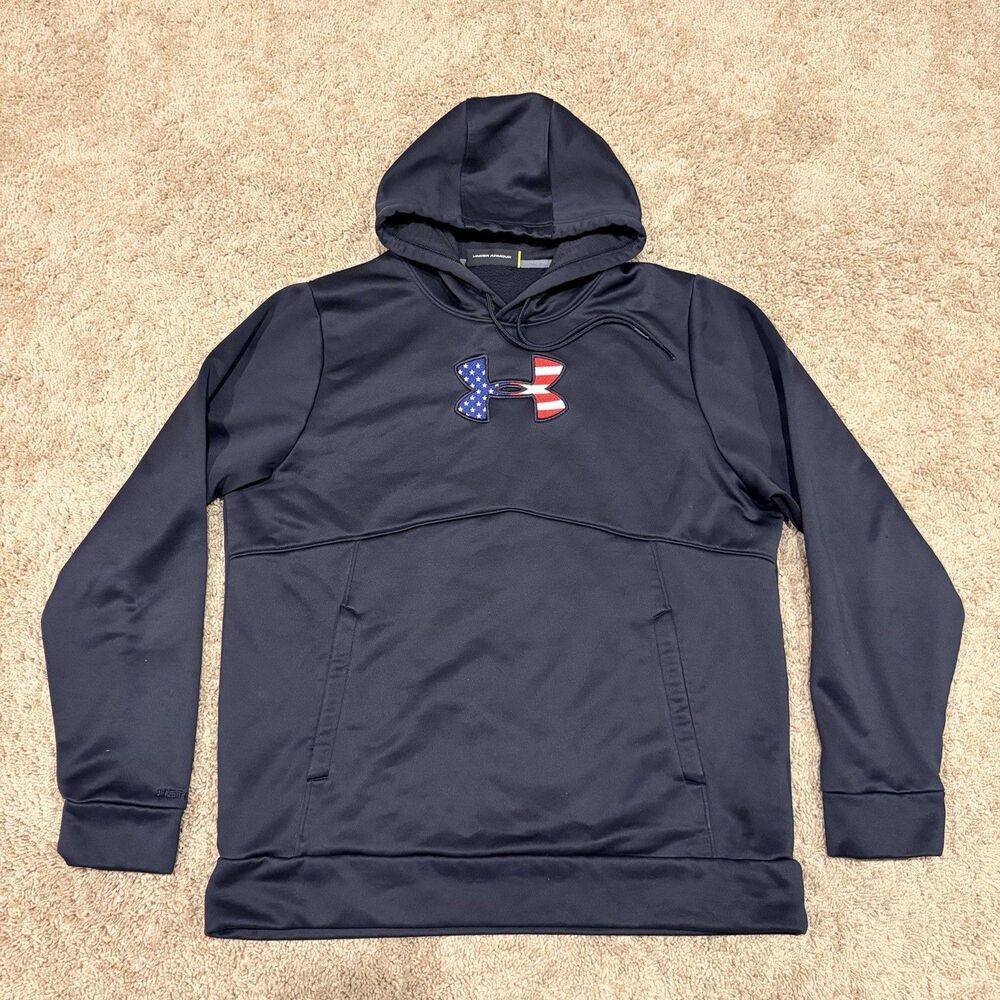 Under Armour Hoodie Mens Medium Black American Flag Logo Storm1 Fleece Pullover